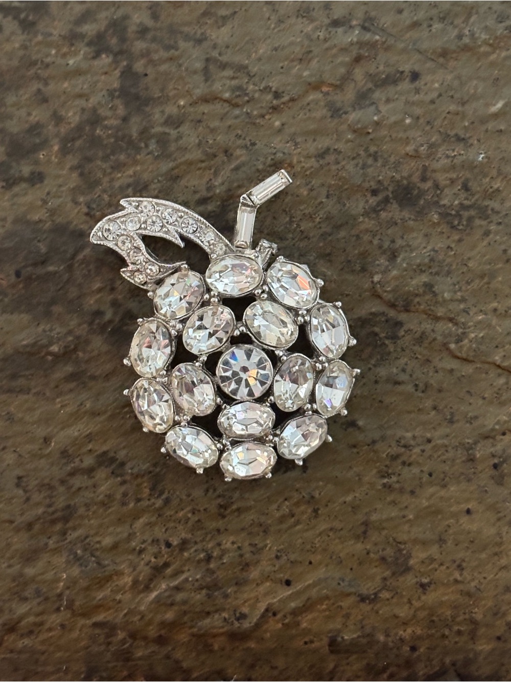 ORA Rhinestone Cluster Fruit Pin Brooch in Silver with Faceted Baguettes